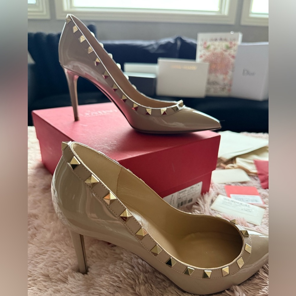 Brand New Valentino Taupe Patent Leather Studded Heels